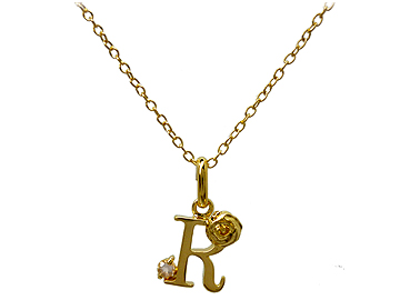 薔薇と「Rose」の頭文字「R」のゴールドカラーシルバーネックレス